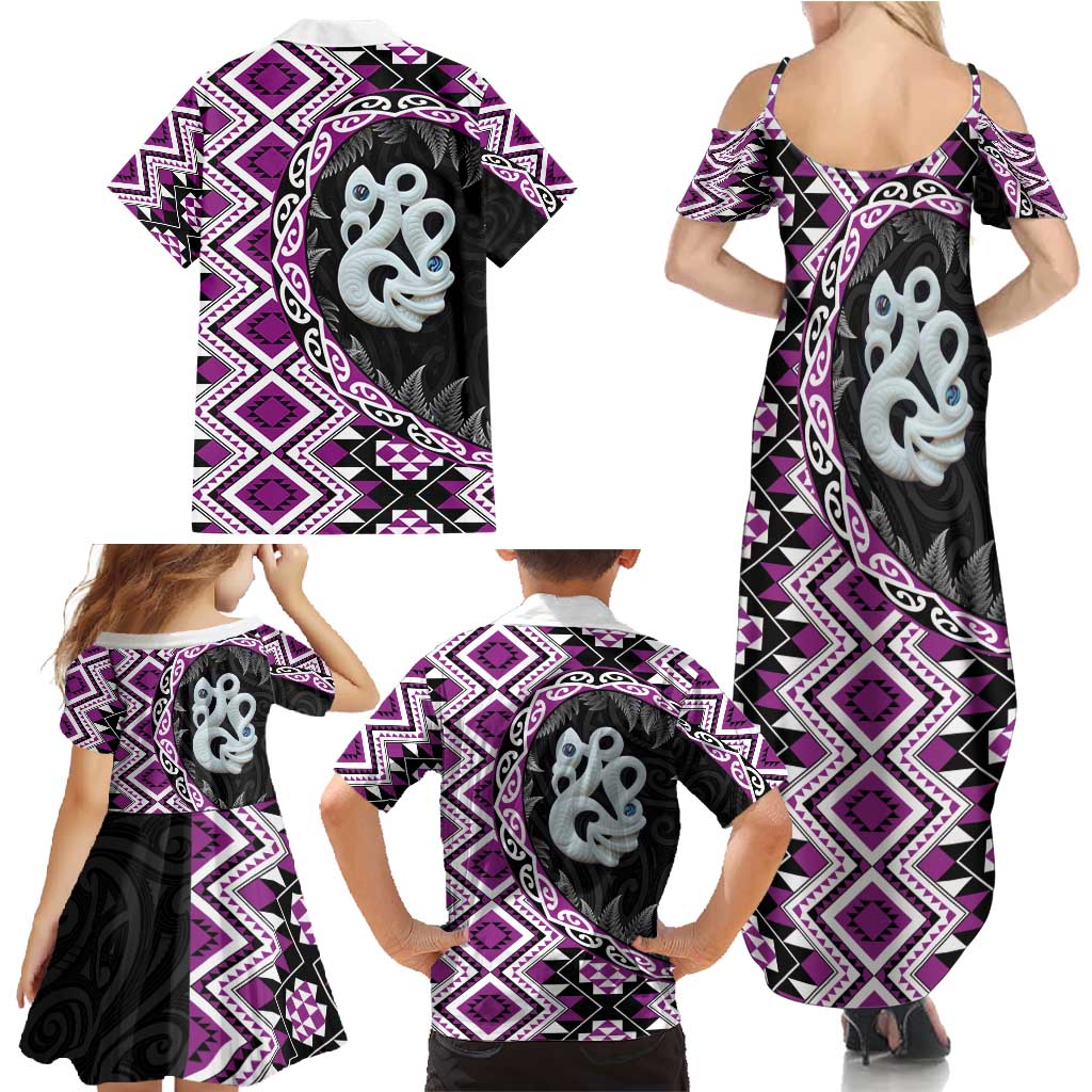 Purple Taniko Motif Aotearoa Manaia and Silver Fern Family Matching Summer Maxi Dress and Hawaiian Shirt LT03 - Polynesian Pride