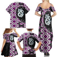 Purple Taniko Motif Aotearoa Manaia and Silver Fern Family Matching Summer Maxi Dress and Hawaiian Shirt LT03 - Polynesian Pride