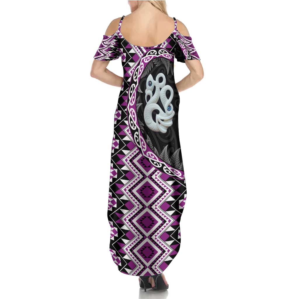 Purple Taniko Motif Aotearoa Manaia and Silver Fern Family Matching Summer Maxi Dress and Hawaiian Shirt LT03 - Polynesian Pride