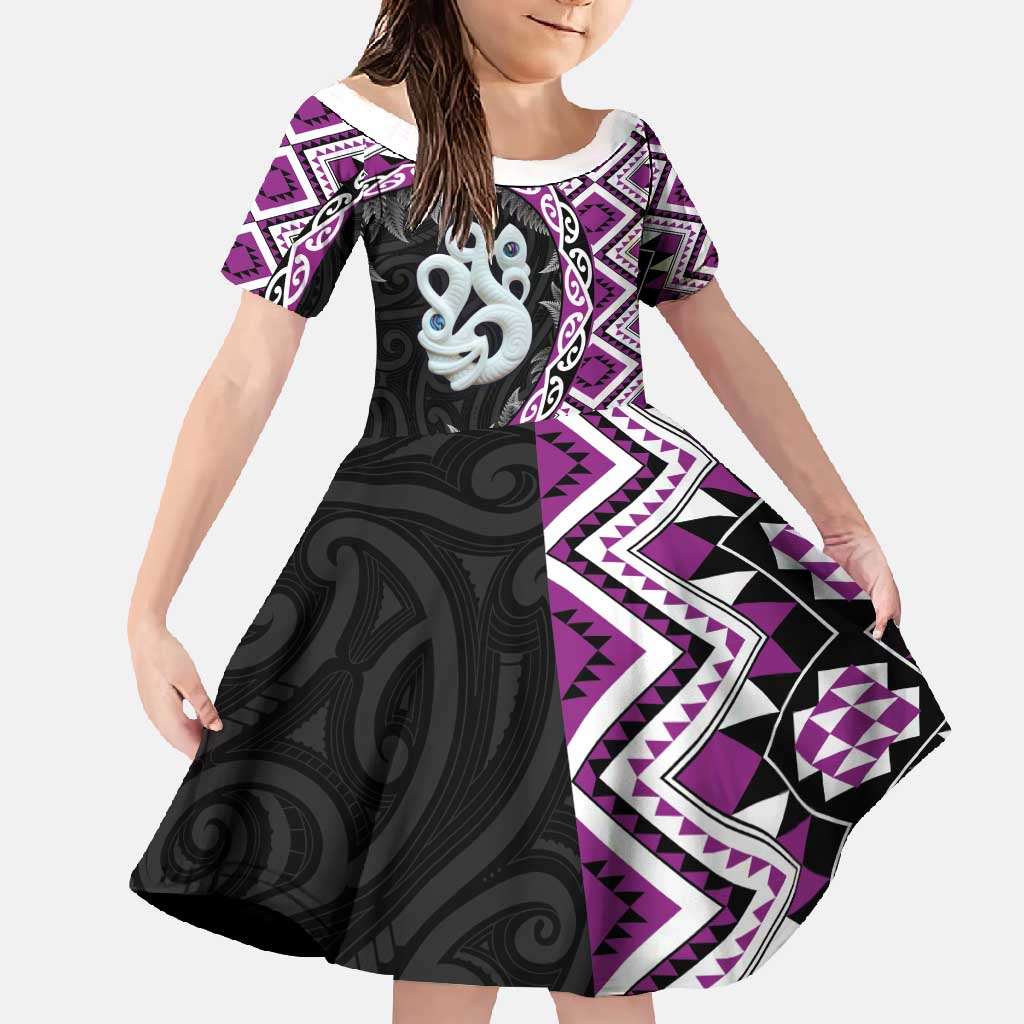 Purple Taniko Motif Aotearoa Manaia and Silver Fern Family Matching Tank Maxi Dress and Hawaiian Shirt LT03 Daughter's Dress Purple - Polynesian Pride