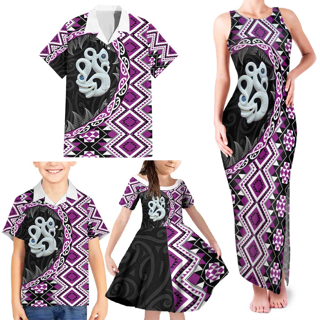 Purple Taniko Motif Aotearoa Manaia and Silver Fern Family Matching Tank Maxi Dress and Hawaiian Shirt LT03 - Polynesian Pride