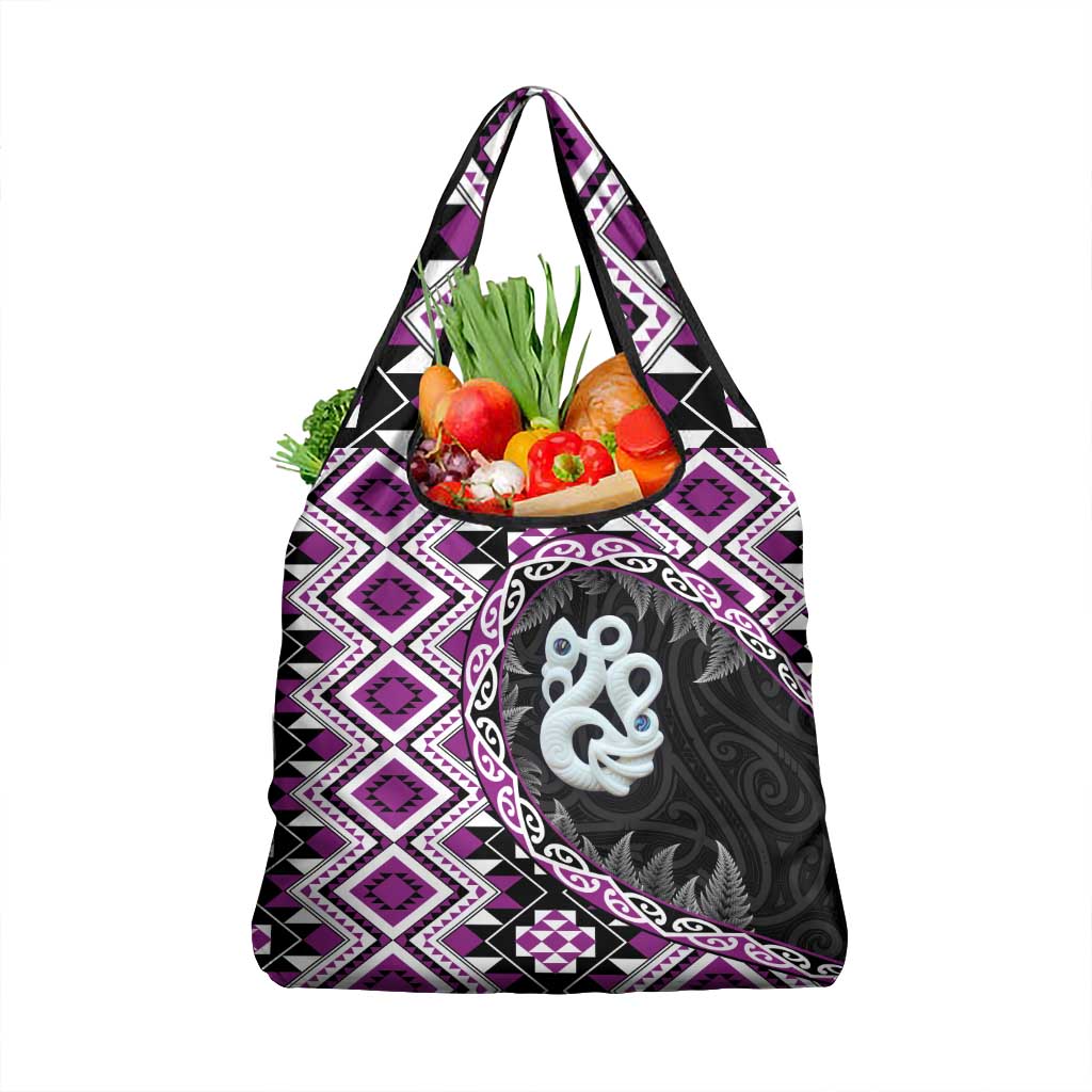 Purple Taniko Motif Aotearoa Manaia and Silver Fern Grocery Bag LT03 1-pack One Size Purple - Polynesian Pride