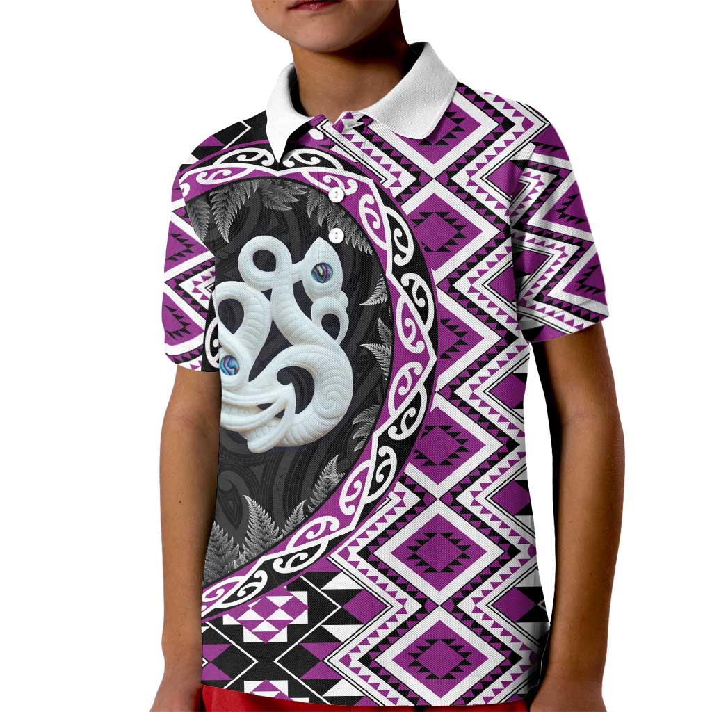Purple Taniko Motif Aotearoa Manaia and Silver Fern Kid Polo Shirt