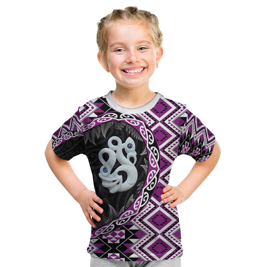 Purple Taniko Motif Aotearoa Manaia and Silver Fern Kid T Shirt