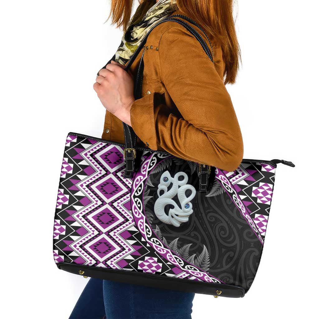 Purple Taniko Motif Aotearoa Manaia and Silver Fern Leather Tote Bag