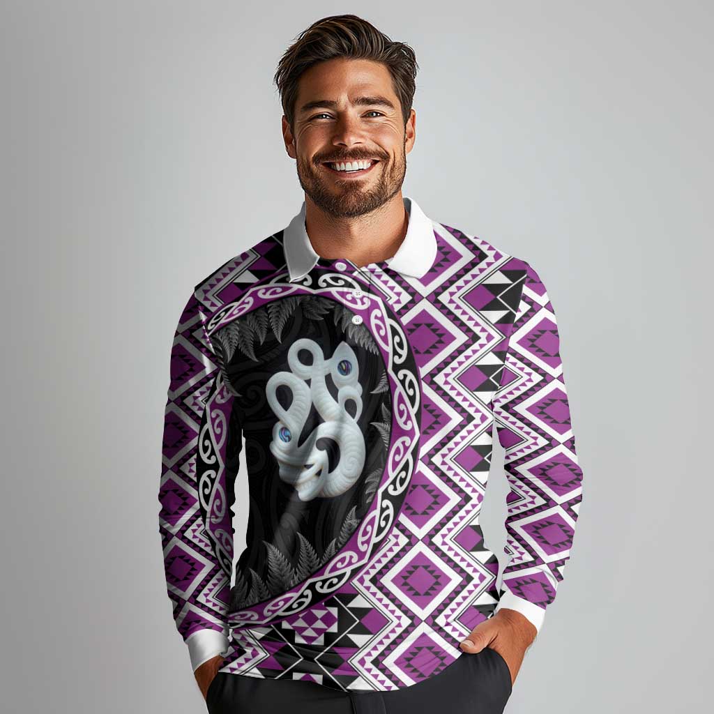 Purple Taniko Motif Aotearoa Manaia and Silver Fern Long Sleeve Polo Shirt