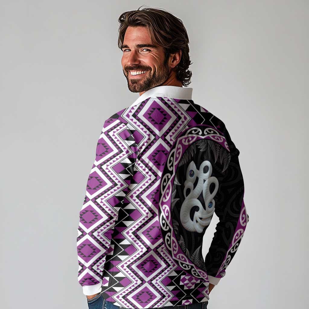 Purple Taniko Motif Aotearoa Manaia and Silver Fern Long Sleeve Polo Shirt