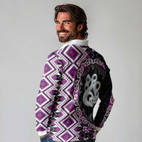 Purple Taniko Motif Aotearoa Manaia and Silver Fern Long Sleeve Polo Shirt