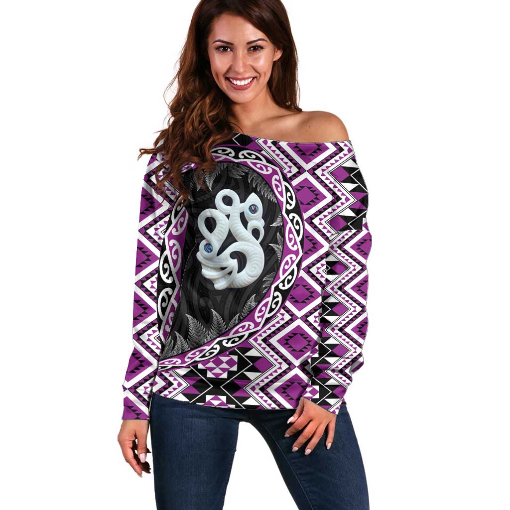 Purple Taniko Motif Aotearoa Manaia and Silver Fern Off Shoulder Sweater LT03 Women Purple - Polynesian Pride