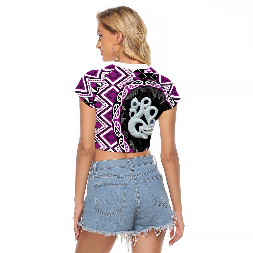 Purple Taniko Motif Aotearoa Manaia and Silver Fern Raglan Cropped T Shirt