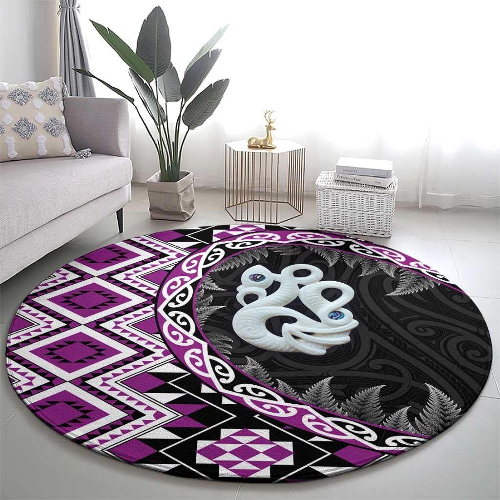Purple Taniko Motif Aotearoa Manaia and Silver Fern Round Carpet LT03 - Polynesian Pride