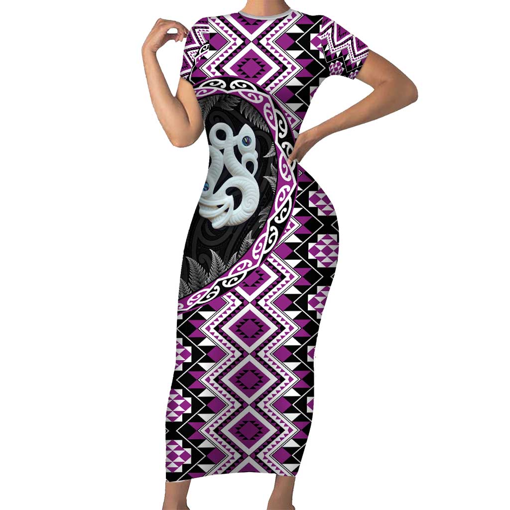 Purple Taniko Motif Aotearoa Manaia and Silver Fern Short Sleeve Bodycon Dress