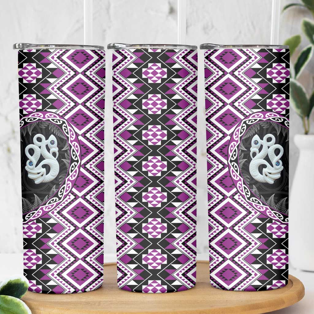 Purple Taniko Motif Aotearoa Manaia and Silver Fern Skinny Tumbler