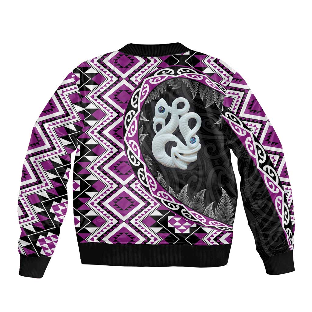 Purple Taniko Motif Aotearoa Manaia and Silver Fern Sleeve Zip Bomber Jacket LT03 - Polynesian Pride