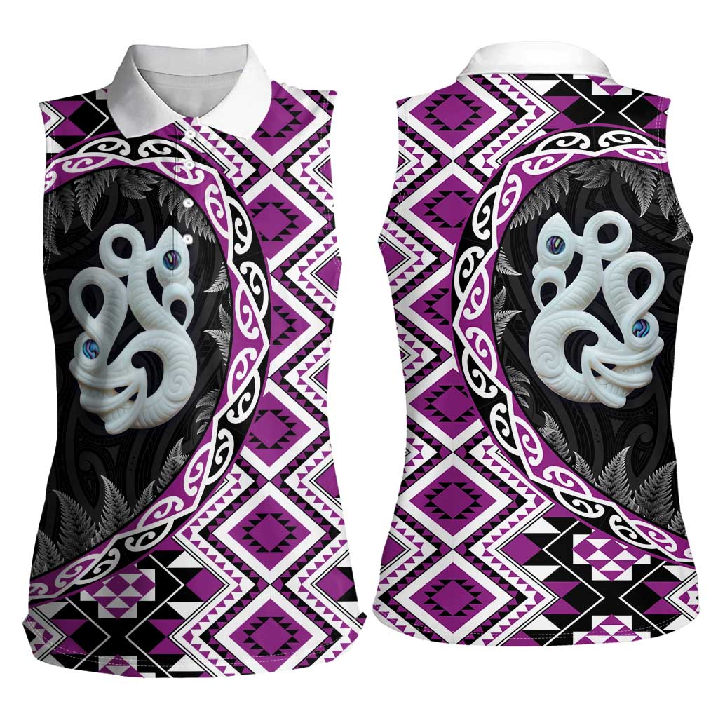 Purple Taniko Motif Aotearoa Manaia and Silver Fern Women Sleeveless Polo Shirt