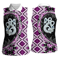 Purple Taniko Motif Aotearoa Manaia and Silver Fern Women Sleeveless Polo Shirt