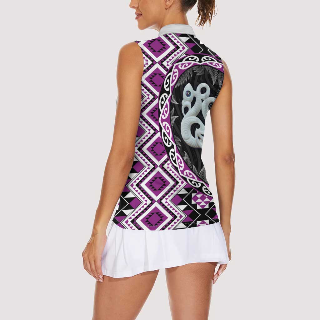 Purple Taniko Motif Aotearoa Manaia and Silver Fern Women Sleeveless Polo Shirt