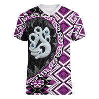 Purple Taniko Motif Aotearoa Manaia and Silver Fern Women V-Neck T-Shirt