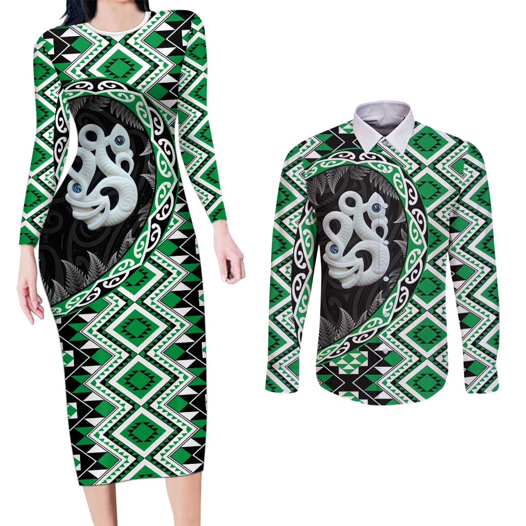 Green Taniko Motif Aotearoa Manaia and Silver Fern Couples Matching Long Sleeve Bodycon Dress and Long Sleeve Button Shirt LT03 Green - Polynesian Pride