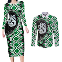 Green Taniko Motif Aotearoa Manaia and Silver Fern Couples Matching Long Sleeve Bodycon Dress and Long Sleeve Button Shirt LT03 Green - Polynesian Pride
