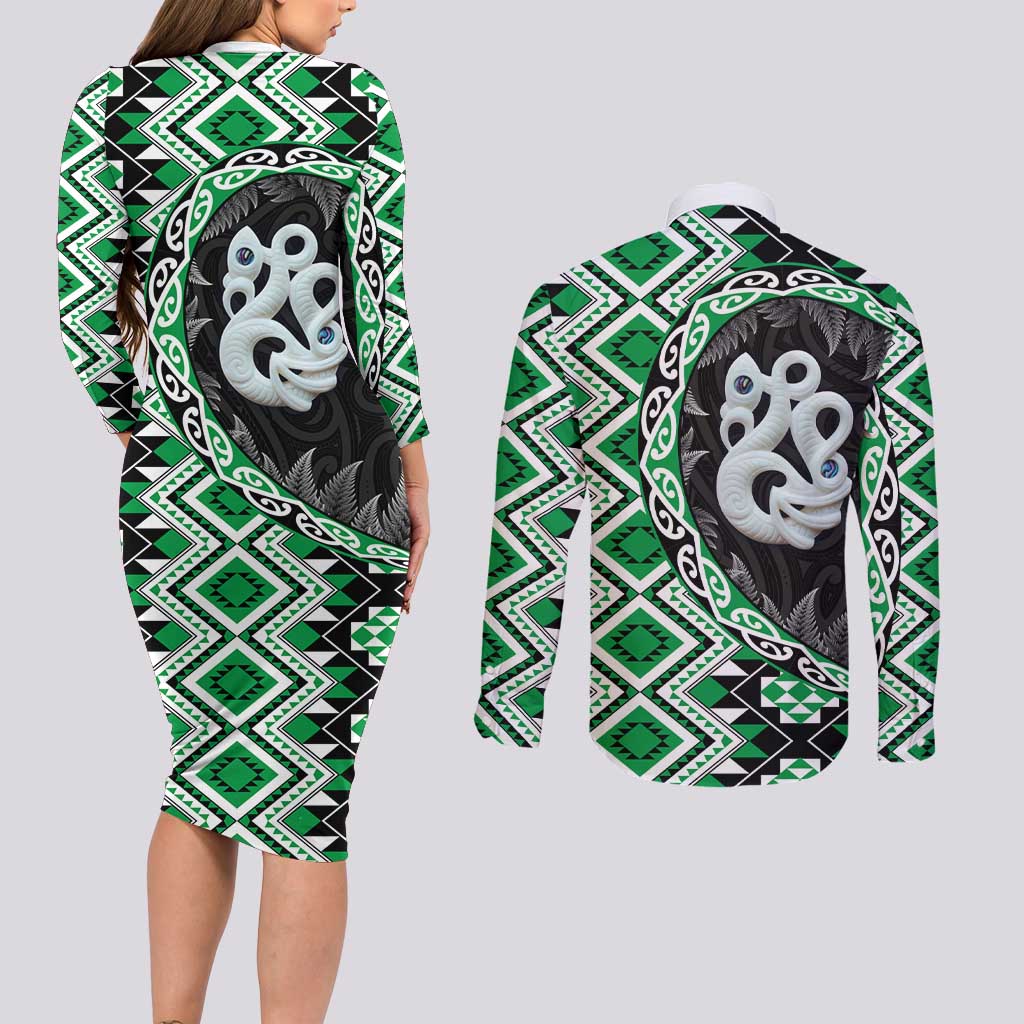 Green Taniko Motif Aotearoa Manaia and Silver Fern Couples Matching Long Sleeve Bodycon Dress and Long Sleeve Button Shirt LT03 - Polynesian Pride