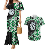 Green Taniko Motif Aotearoa Manaia and Silver Fern Couples Matching Mermaid Dress and Hawaiian Shirt LT03 Green - Polynesian Pride