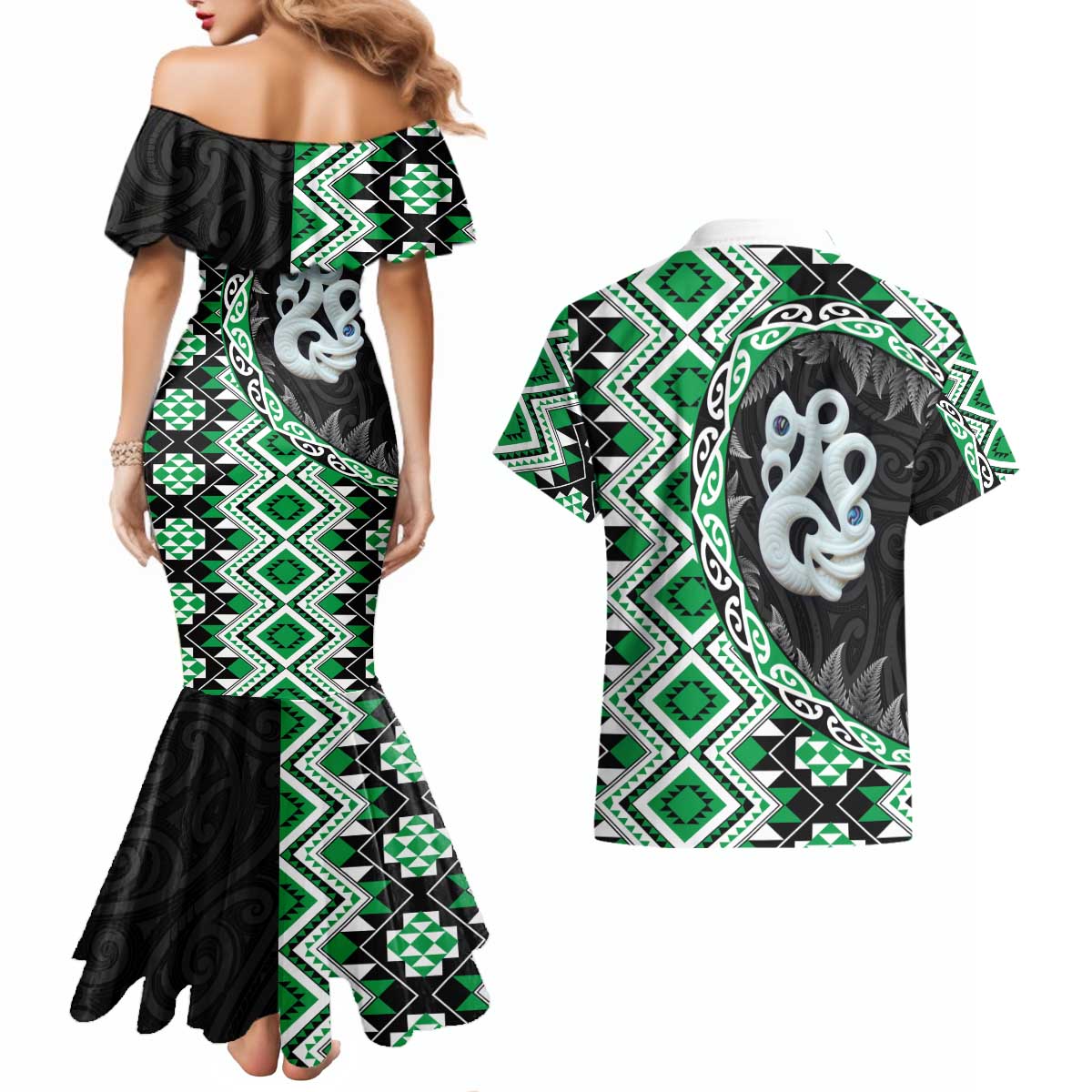Green Taniko Motif Aotearoa Manaia and Silver Fern Couples Matching Mermaid Dress and Hawaiian Shirt LT03 - Polynesian Pride