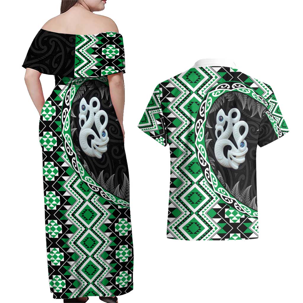 Green Taniko Motif Aotearoa Manaia and Silver Fern Couples Matching Off Shoulder Maxi Dress and Hawaiian Shirt LT03 - Polynesian Pride