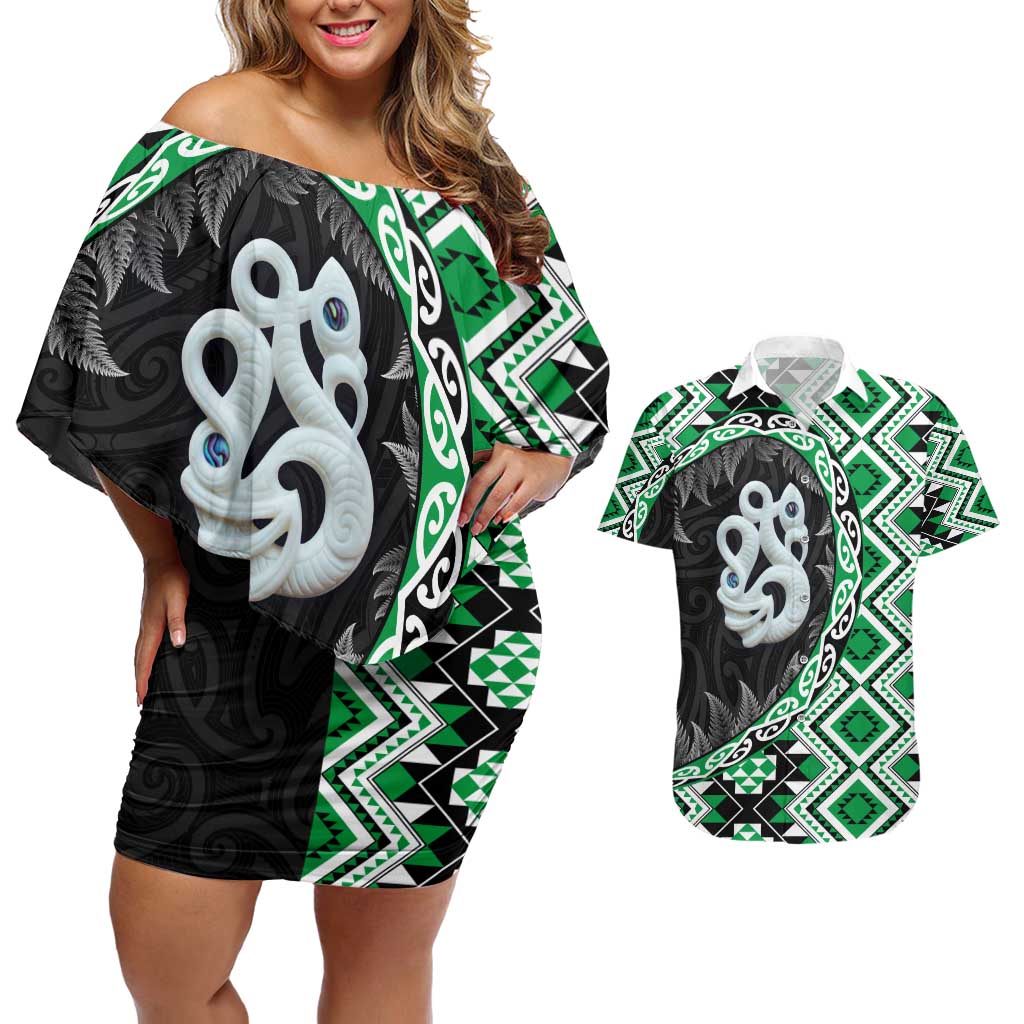Green Taniko Motif Aotearoa Manaia and Silver Fern Couples Matching Off Shoulder Short Dress and Hawaiian Shirt LT03 Green - Polynesian Pride