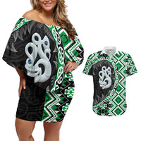 Green Taniko Motif Aotearoa Manaia and Silver Fern Couples Matching Off Shoulder Short Dress and Hawaiian Shirt LT03 Green - Polynesian Pride