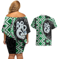 Green Taniko Motif Aotearoa Manaia and Silver Fern Couples Matching Off Shoulder Short Dress and Hawaiian Shirt LT03 - Polynesian Pride