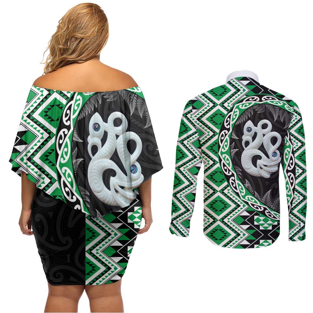 Green Taniko Motif Aotearoa Manaia and Silver Fern Couples Matching Off Shoulder Short Dress and Long Sleeve Button Shirt
