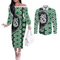 Green Taniko Motif Aotearoa Manaia and Silver Fern Couples Matching Off The Shoulder Long Sleeve Dress and Long Sleeve Button Shirt LT03 Green - Polynesian Pride