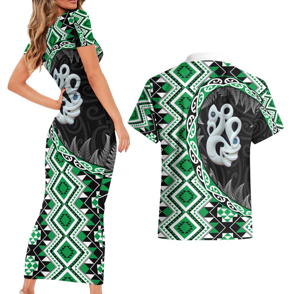 Green Taniko Motif Aotearoa Manaia and Silver Fern Couples Matching Short Sleeve Bodycon Dress and Hawaiian Shirt LT03 - Polynesian Pride
