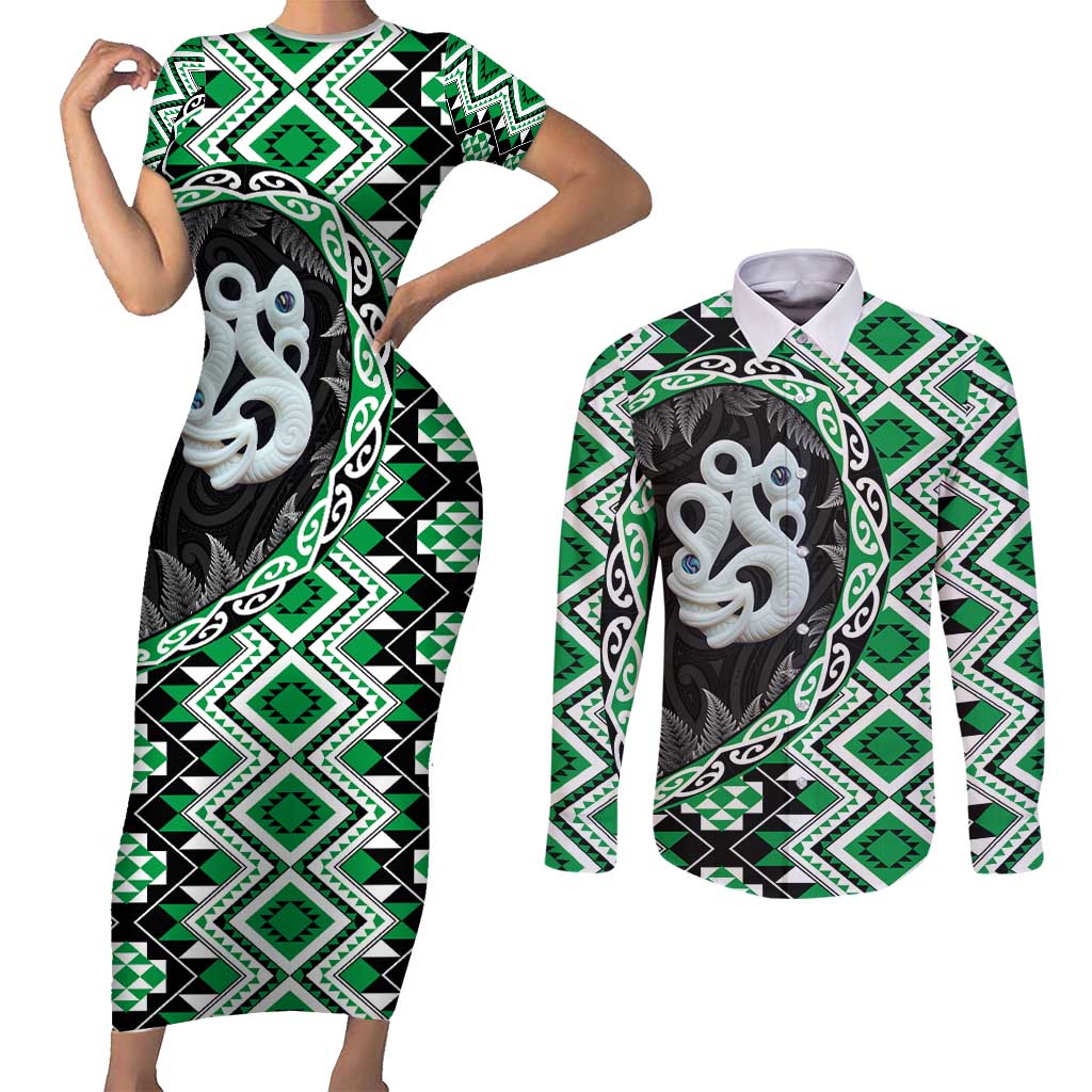 Green Taniko Motif Aotearoa Manaia and Silver Fern Couples Matching Short Sleeve Bodycon Dress and Long Sleeve Button Shirt LT03 Green - Polynesian Pride