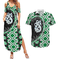 Green Taniko Motif Aotearoa Manaia and Silver Fern Couples Matching Summer Maxi Dress and Hawaiian Shirt LT03 Green - Polynesian Pride
