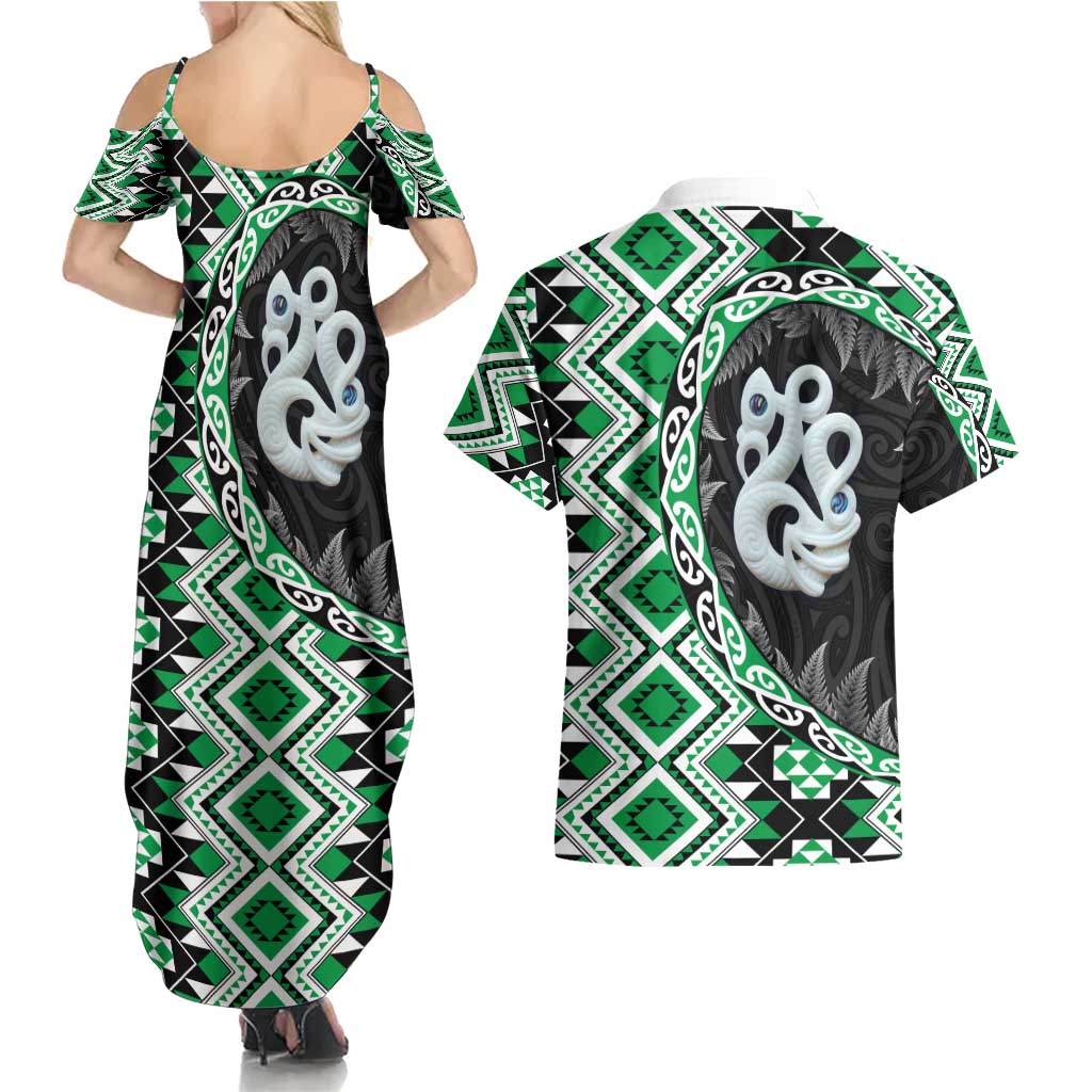 Green Taniko Motif Aotearoa Manaia and Silver Fern Couples Matching Summer Maxi Dress and Hawaiian Shirt LT03 - Polynesian Pride