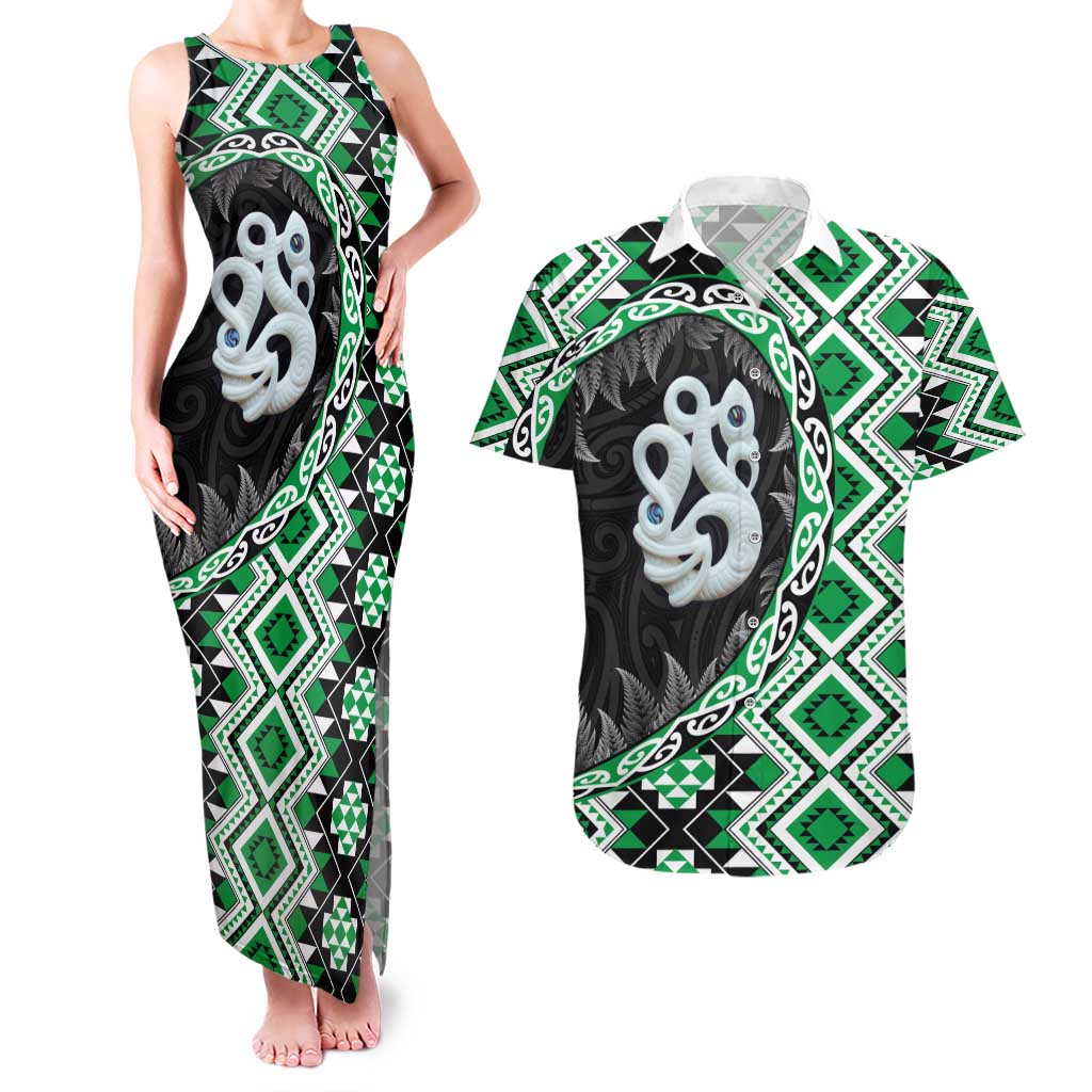 Green Taniko Motif Aotearoa Manaia and Silver Fern Couples Matching Tank Maxi Dress and Hawaiian Shirt LT03 Green - Polynesian Pride