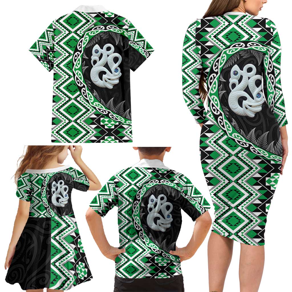 Green Taniko Motif Aotearoa Manaia and Silver Fern Family Matching Long Sleeve Bodycon Dress and Hawaiian Shirt LT03 - Polynesian Pride