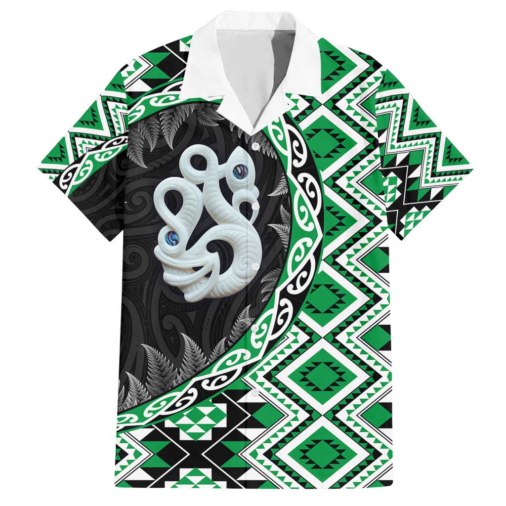 Green Taniko Motif Aotearoa Manaia and Silver Fern Family Matching Long Sleeve Bodycon Dress and Hawaiian Shirt LT03 Dad's Shirt - Short Sleeve Green - Polynesian Pride