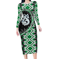 Green Taniko Motif Aotearoa Manaia and Silver Fern Family Matching Long Sleeve Bodycon Dress and Hawaiian Shirt LT03 Mom's Dress Green - Polynesian Pride