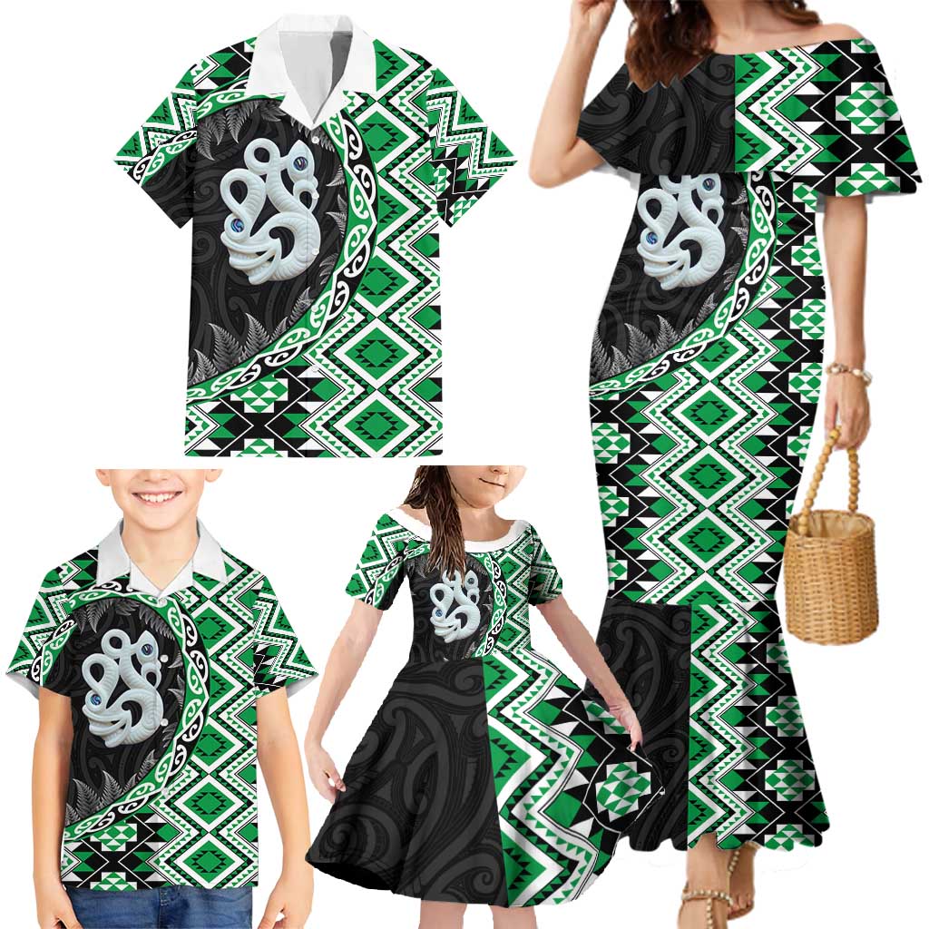 Green Taniko Motif Aotearoa Manaia and Silver Fern Family Matching Mermaid Dress and Hawaiian Shirt LT03 - Polynesian Pride