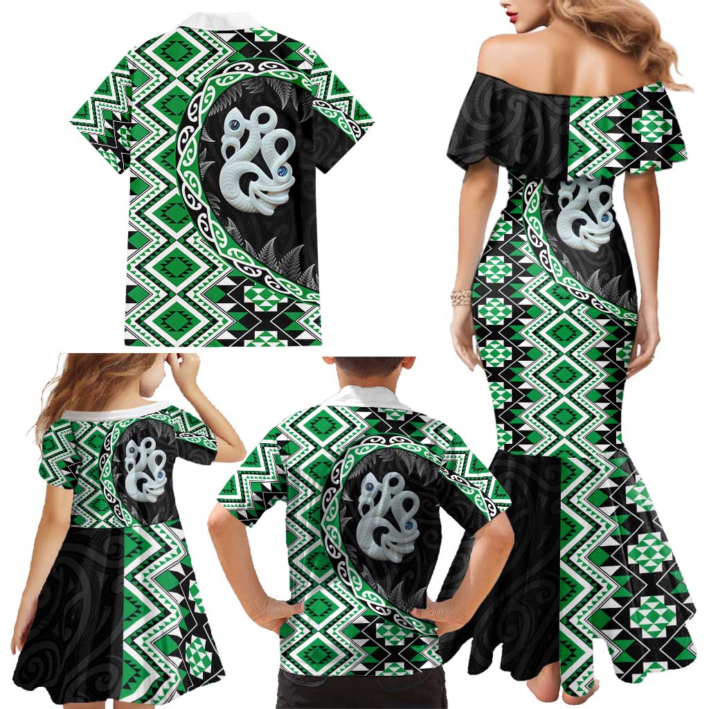 Green Taniko Motif Aotearoa Manaia and Silver Fern Family Matching Mermaid Dress and Hawaiian Shirt LT03 - Polynesian Pride