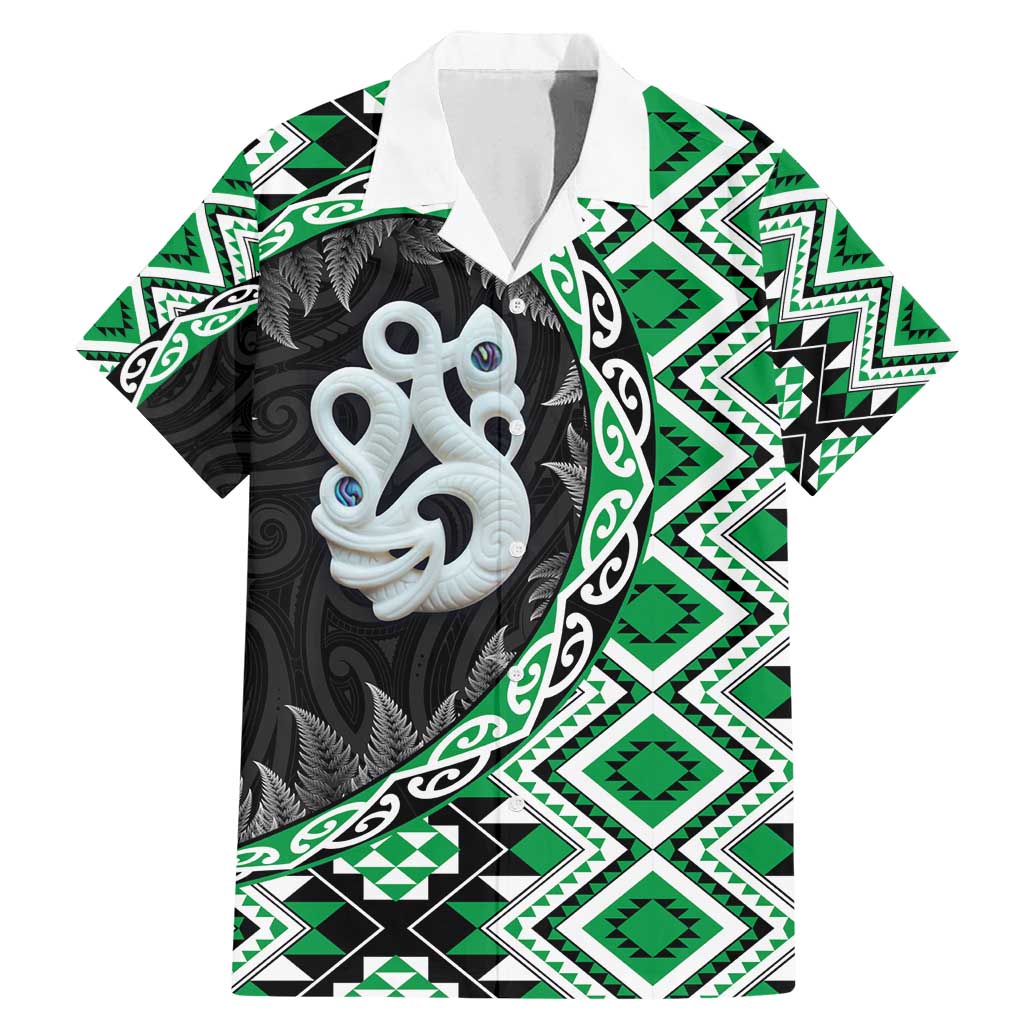Green Taniko Motif Aotearoa Manaia and Silver Fern Family Matching Mermaid Dress and Hawaiian Shirt LT03 Dad's Shirt - Short Sleeve Green - Polynesian Pride