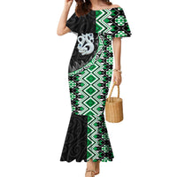 Green Taniko Motif Aotearoa Manaia and Silver Fern Family Matching Mermaid Dress and Hawaiian Shirt LT03 Mom's Dress Green - Polynesian Pride
