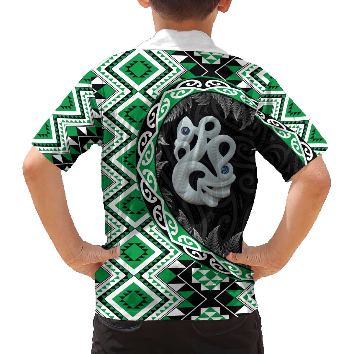 Green Taniko Motif Aotearoa Manaia and Silver Fern Family Matching Off The Shoulder Long Sleeve Dress and Hawaiian Shirt LT03 - Polynesian Pride