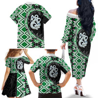 Green Taniko Motif Aotearoa Manaia and Silver Fern Family Matching Off The Shoulder Long Sleeve Dress and Hawaiian Shirt LT03 - Polynesian Pride