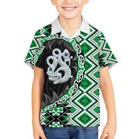 Green Taniko Motif Aotearoa Manaia and Silver Fern Family Matching Off The Shoulder Long Sleeve Dress and Hawaiian Shirt LT03 Son's Shirt Green - Polynesian Pride