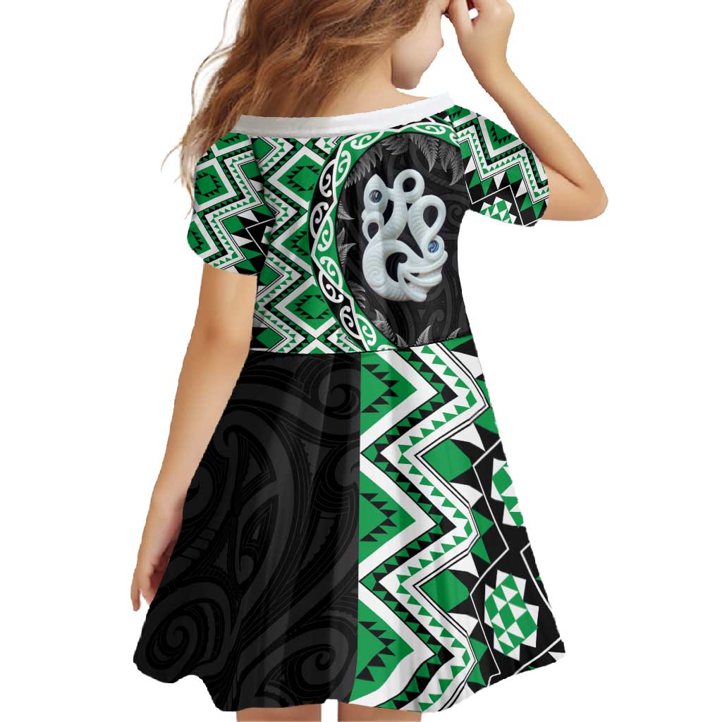 Green Taniko Motif Aotearoa Manaia and Silver Fern Family Matching Off Shoulder Maxi Dress and Hawaiian Shirt LT03 - Polynesian Pride