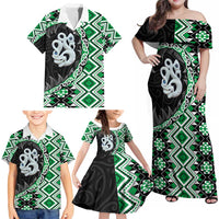 Green Taniko Motif Aotearoa Manaia and Silver Fern Family Matching Off Shoulder Maxi Dress and Hawaiian Shirt LT03 - Polynesian Pride